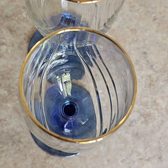 Libbey Crystal Blue Water Wine Glasses 8" Cobalt swag optic vintage gold trim - Picture 6 of 10